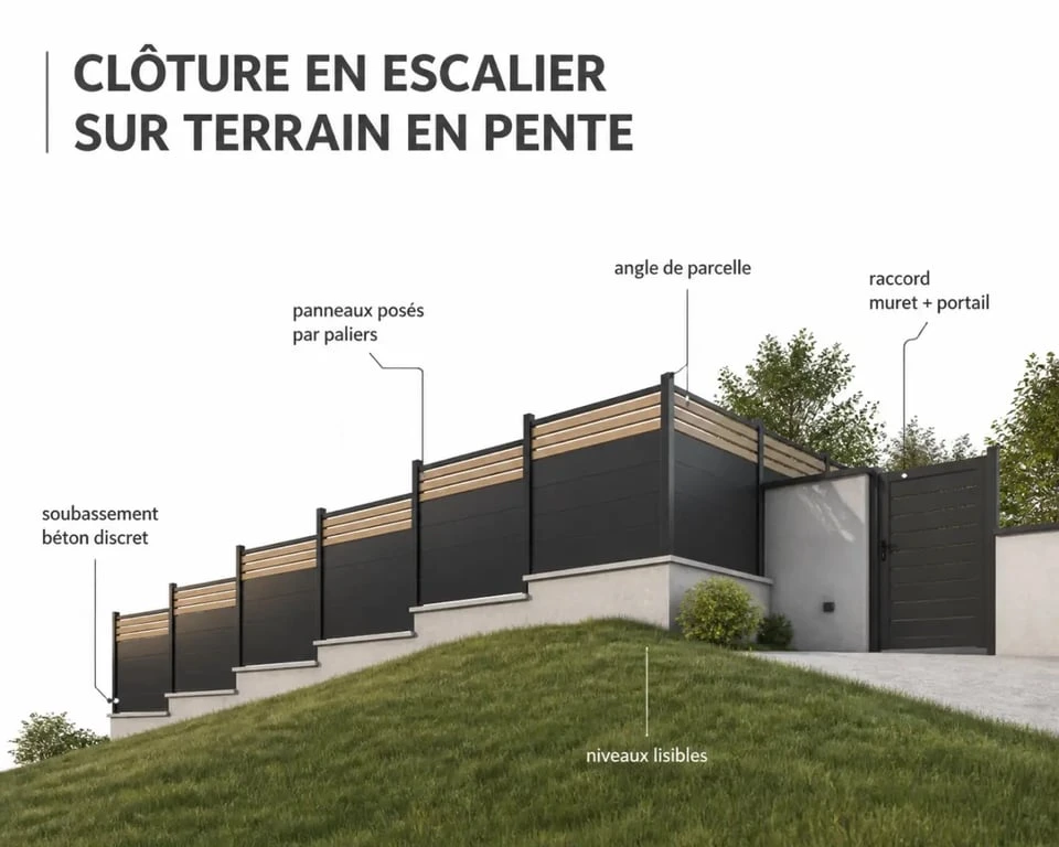 Idée clôture pour terrain en pente avec panneaux en escalier, muret et portail