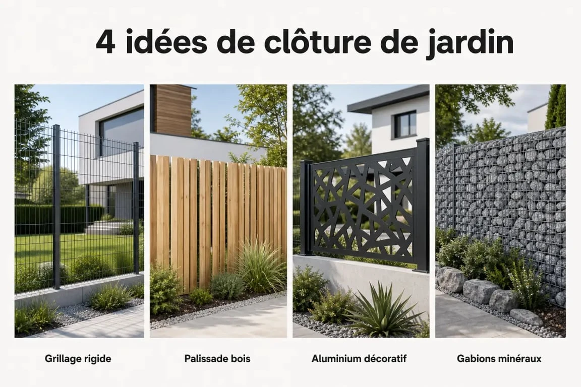 Idée clôture : comparatif visuel de grillage rigide, bois, aluminium et gabions dans un jardin