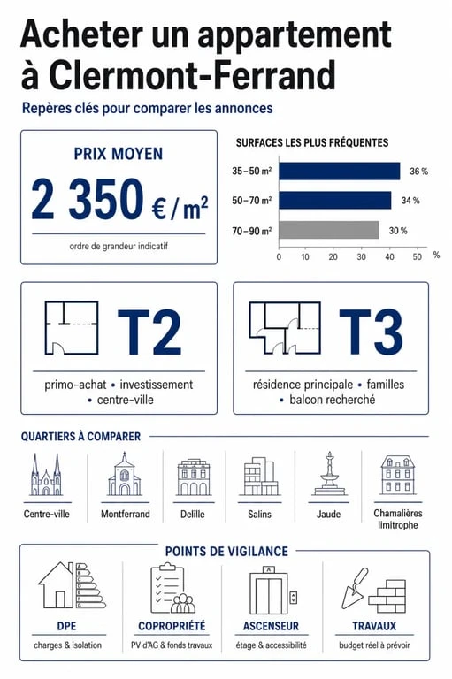 Infographie achat appartement Clermont-Ferrand avec prix au m², surfaces, quartiers et points de vigilance