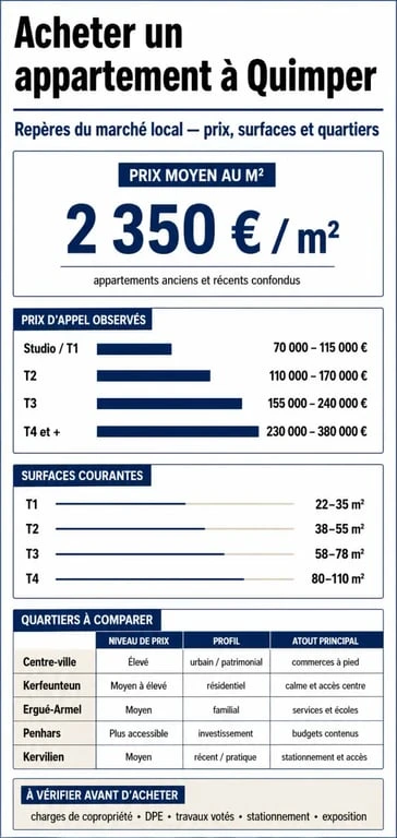 Infographie achat appartement Quimper : prix au m², quartiers et fourchettes de budget