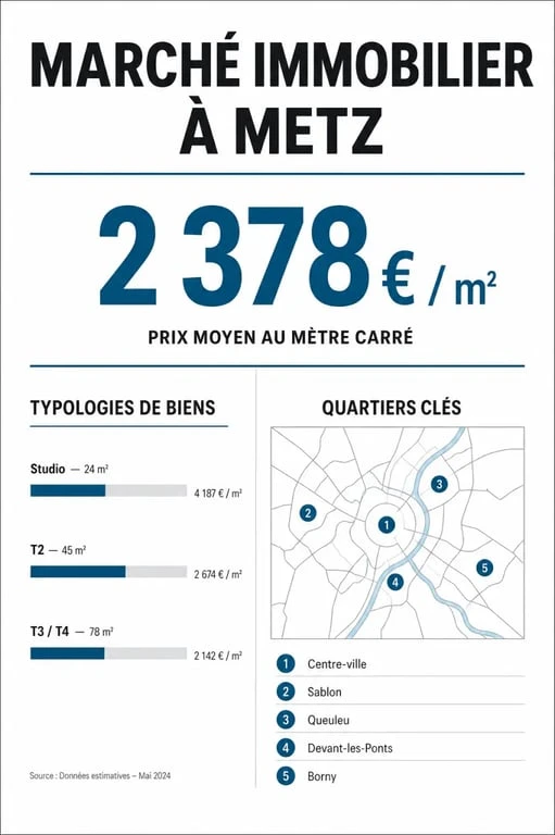 Infographie du marché immobilier et prix au m² pour un achat appartement à Metz