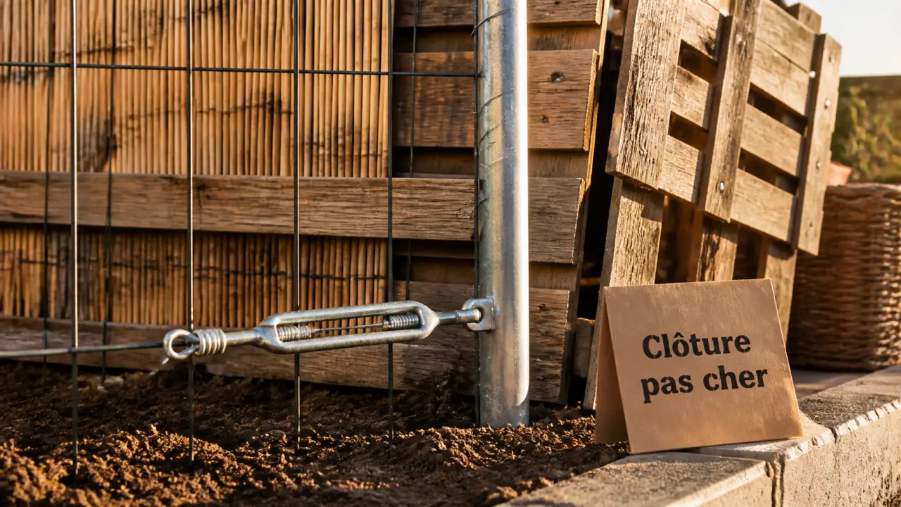 Faire une cloture pas cher : grillage soudé tendu entre poteaux avec fixations visibles