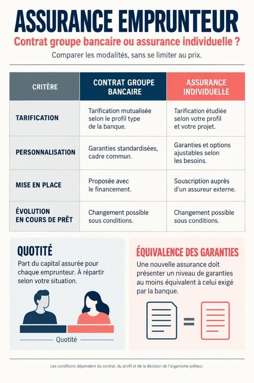 Infographie comparative sur l’assurance emprunteur entre contrat groupe et assurance individuelle