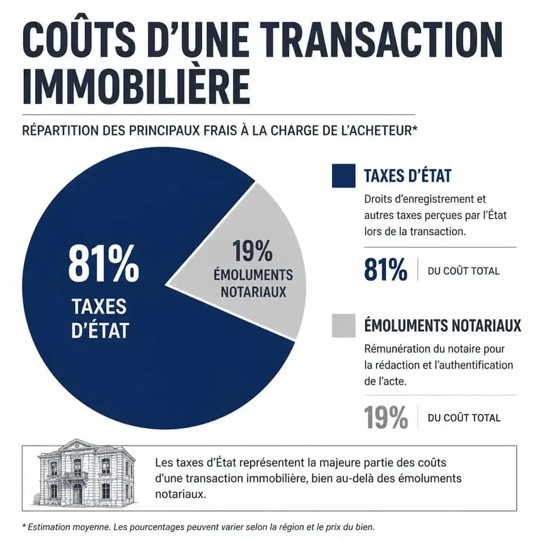 Graphique de la répartition des frais de notaire lors d'un achat immobilier