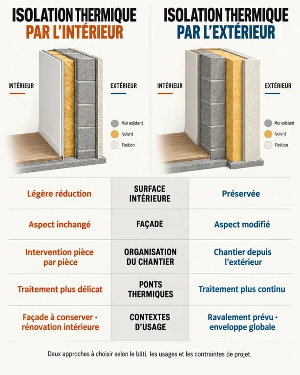 Infographie comparative sur l'isolation thermique intérieur et extérieur