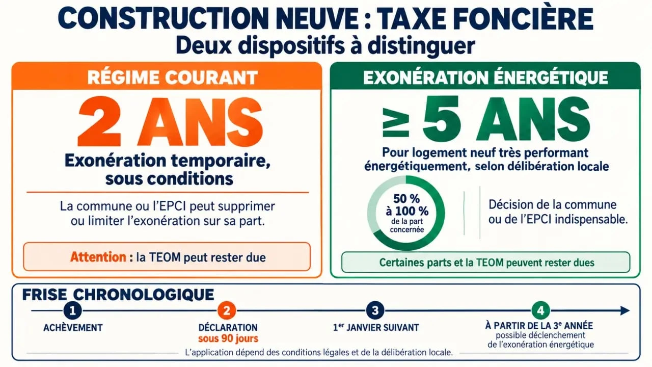 Infographie sur l’exonération de taxe foncière d’une construction neuve pendant 2 ou 5 ans