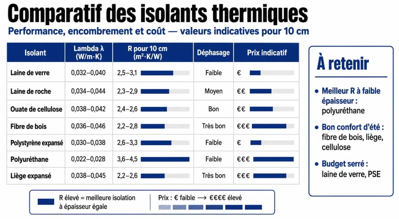 Tableau coefficient isolation thermique comparatif des isolants avec lambda, R, déphasage et prix