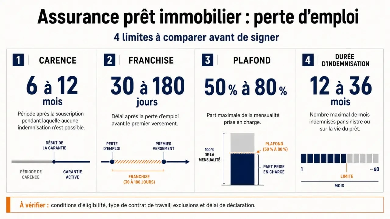 Assurance credit immobilier perte emploi : visuel comparatif des délais de carence, franchise, plafond et durée d’indemnisation