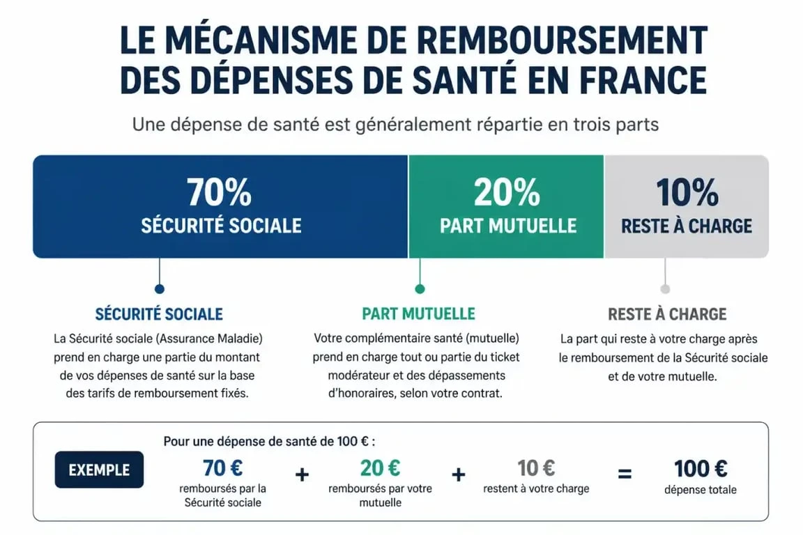 Schéma explicatif du remboursement de la part mutuelle et de la Sécurité Sociale