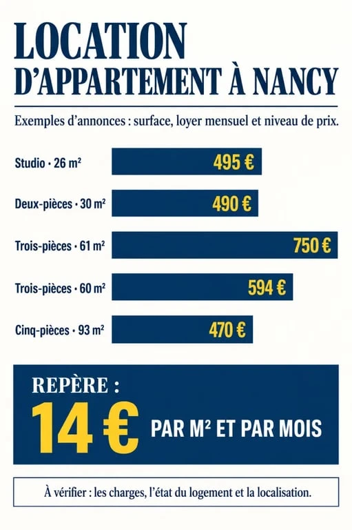 Location appartement sur Nancy : visualisation des loyers et surfaces des exemples présentés