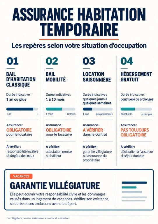 Infographie sur l’assurance habitation temporaire selon le type de location et le statut d’occupation