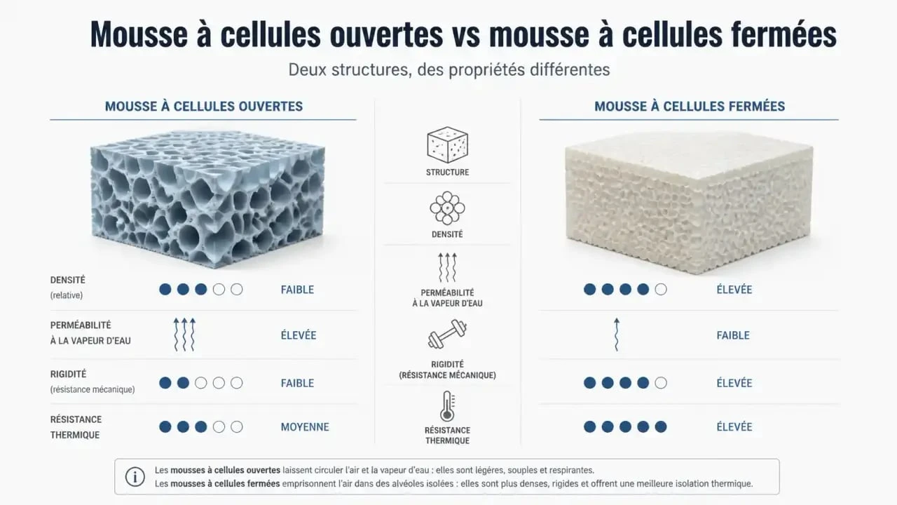 Comparaison mousse pour isolation thermique à cellules ouvertes et à cellules fermées