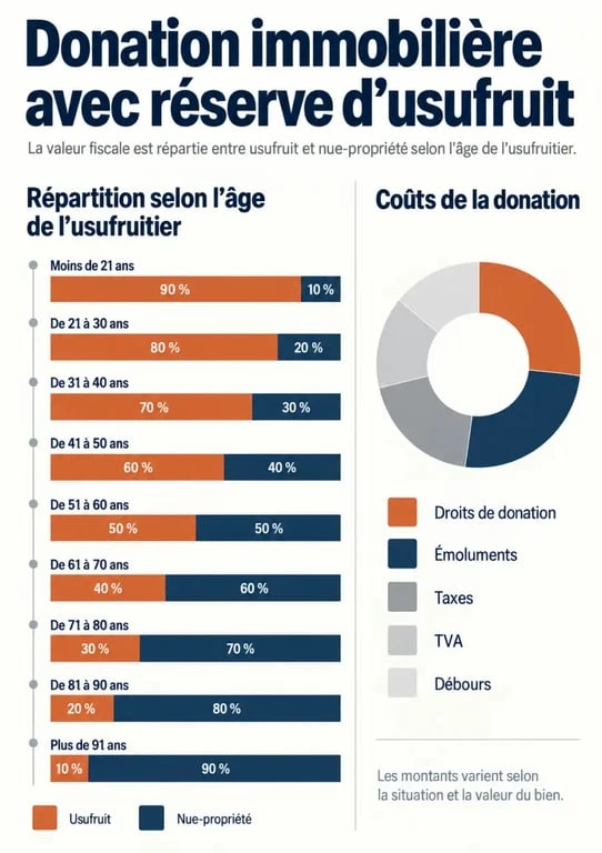 Infographie du simulateur de frais de notaire pour donation avec usufruit et répartition usufruit nue-propriété