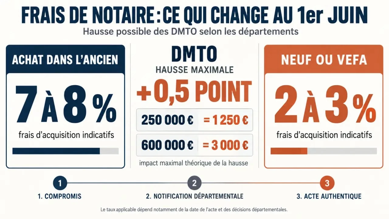 Infographie sur les frais de notaire au 1er juin et l'impact de la hausse des DMTO