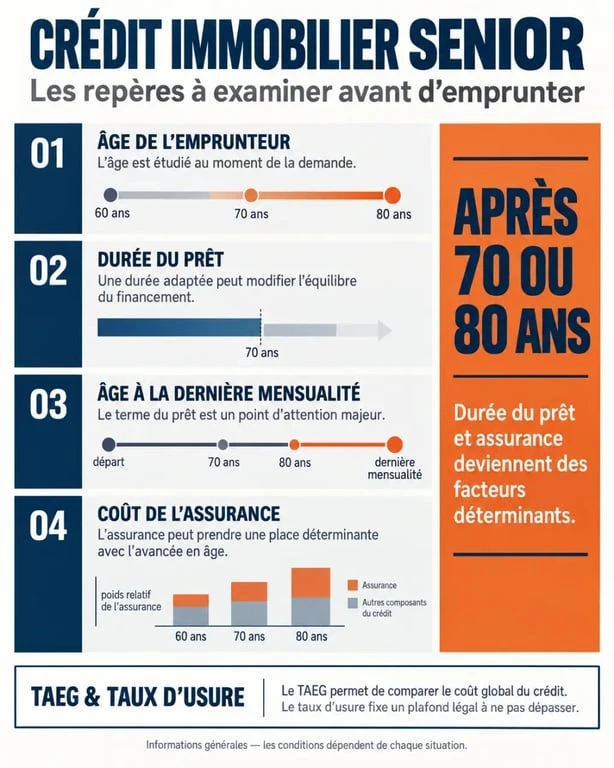 Infographie sur le crédit immobilier senior et l'évolution des conditions selon l'âge, la durée et l'assurance