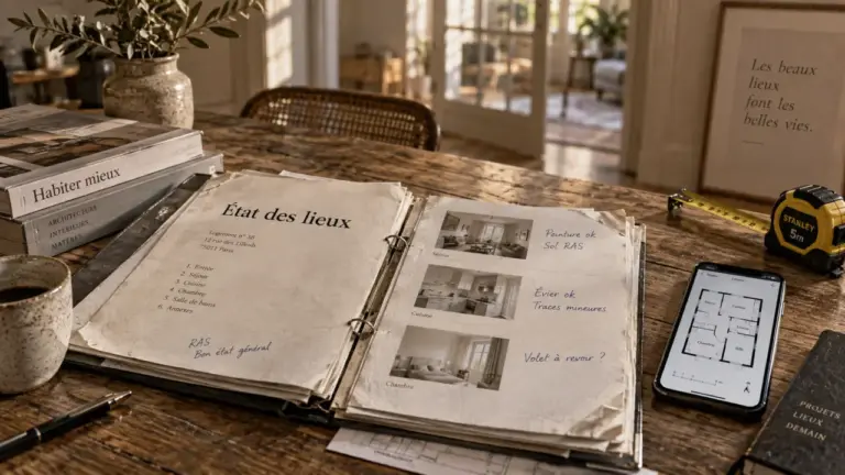 État des lieux en anglais : dossier sur table et plan de pièces