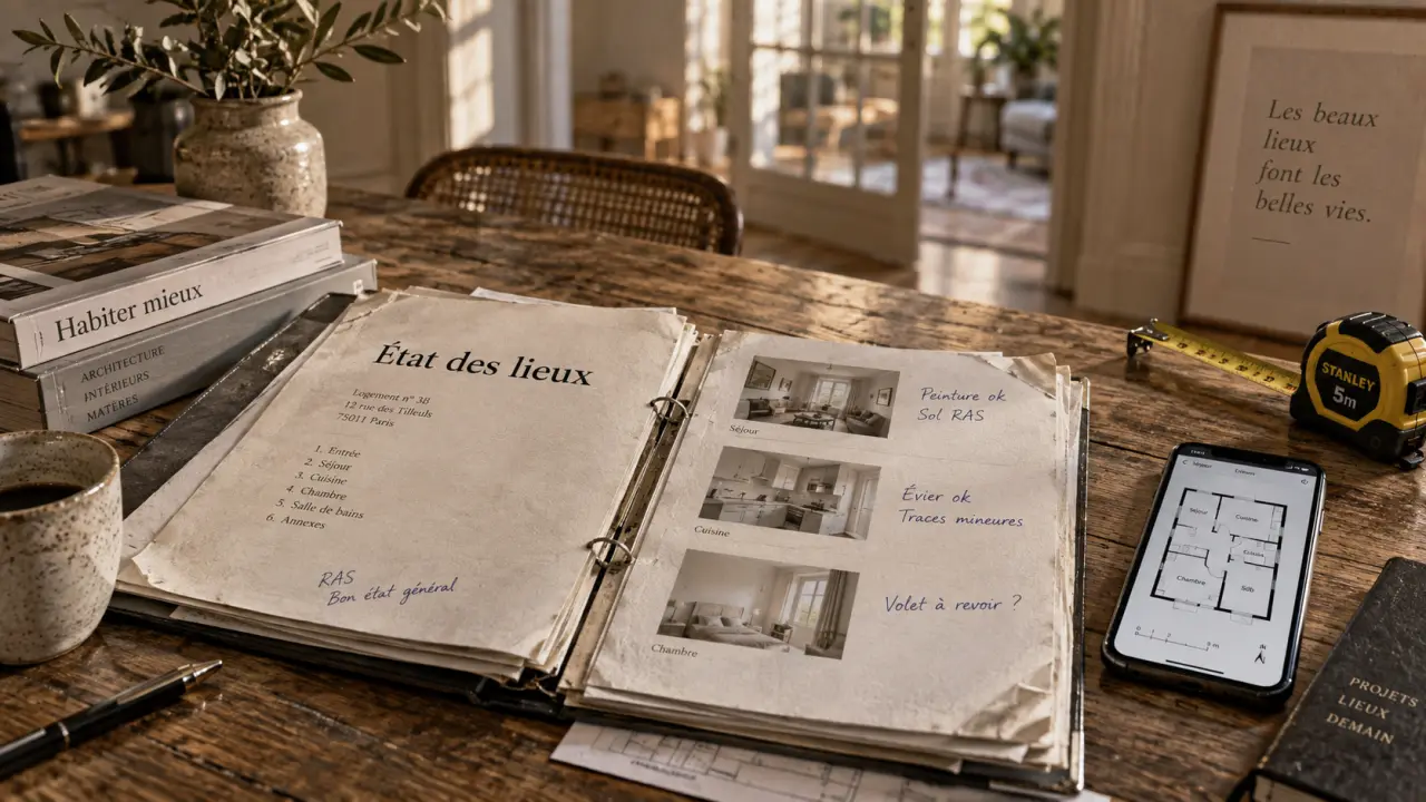 État des lieux en anglais : dossier sur table et plan de pièces