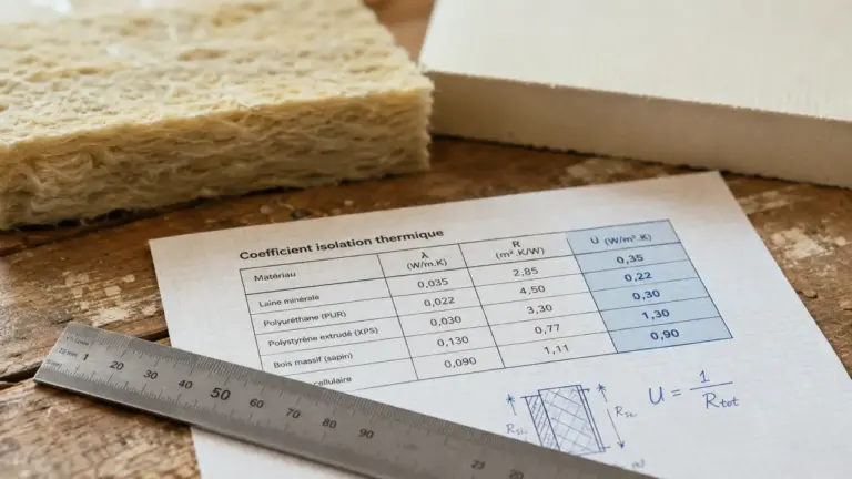 Tableau coefficient isolation thermique : comparer 11 cm polyuréthane et 25 cm laine de verre