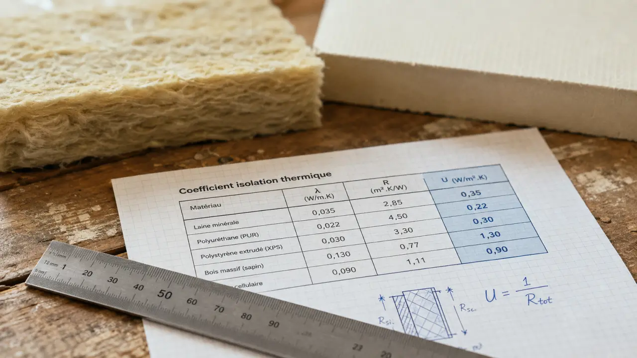 Tableau coefficient isolation thermique : comparer 11 cm polyuréthane et 25 cm laine de verre