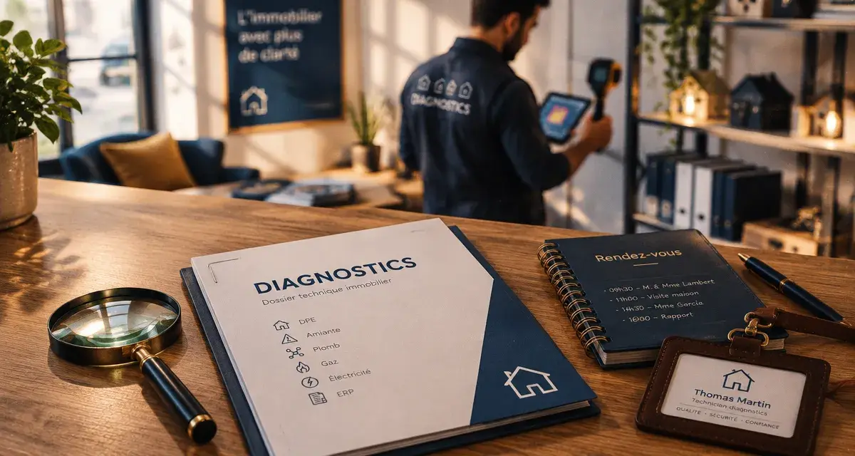 Diagnostic immobilier franchise : bureau d’agence, dossier diagnostics et technicien