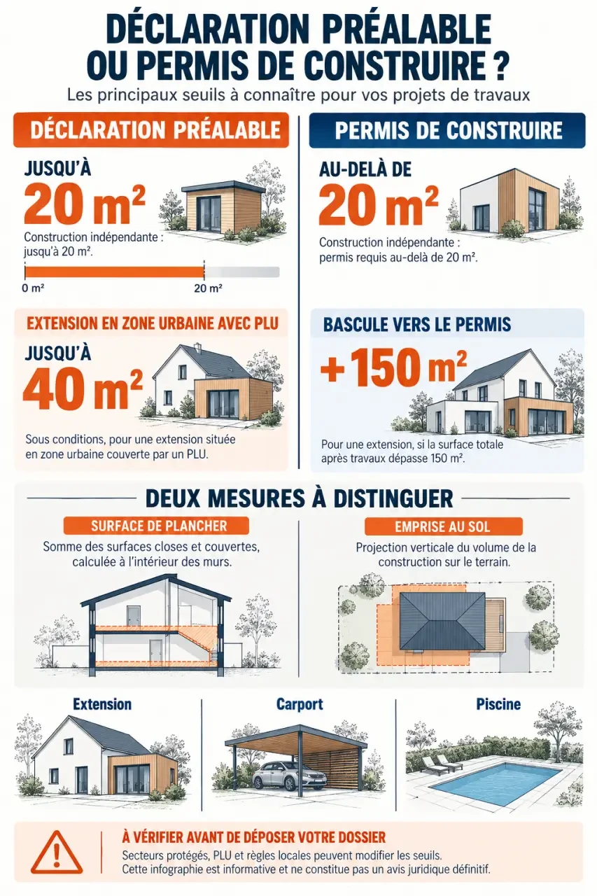 Infographie déclaration préalable ou permis de construire avec seuils de surface et cas d’extension