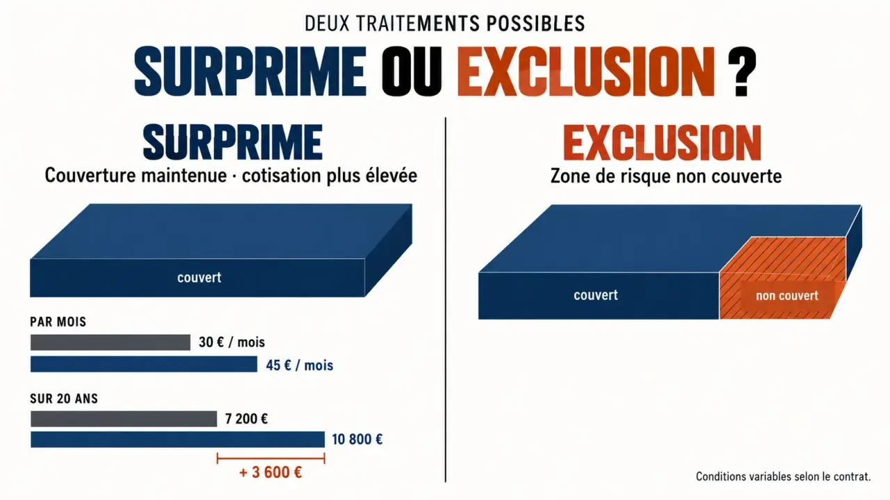 Infographie sur la surprime assurance emprunteur, la différence avec une exclusion et le coût total sur 20 ans