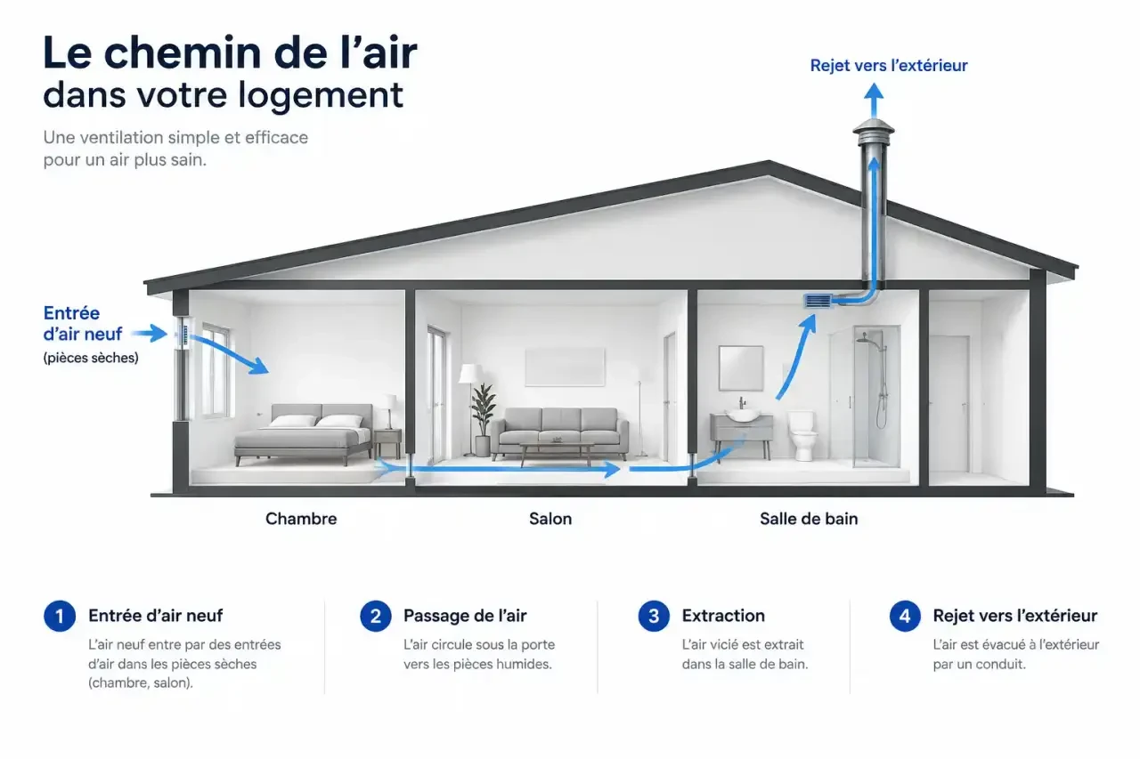 Schéma du chemin de l'air pour la ventilation dans une salle de bain : entrée par les pièces sèches, extraction dans la pièce humide