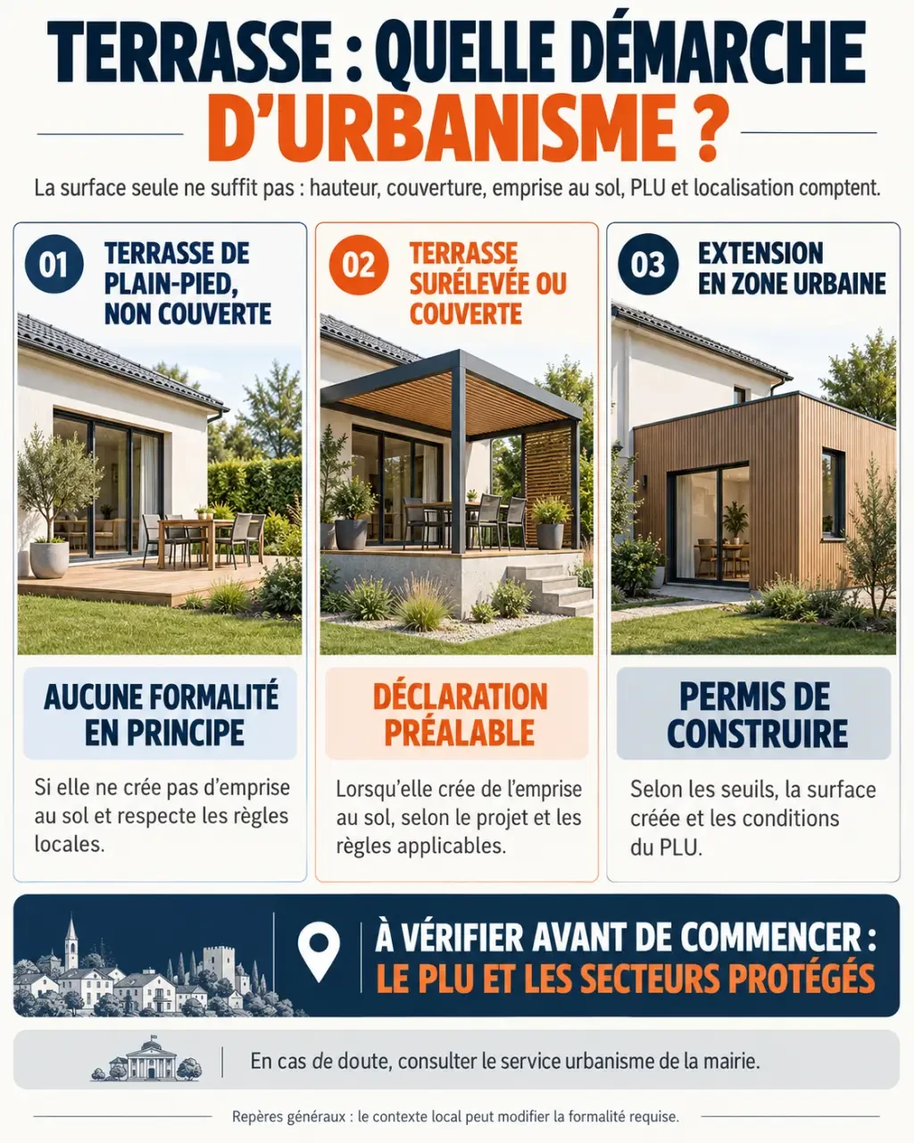 Infographie terrasse permis de construire : différences entre terrasse de plain-pied, terrasse surélevée et terrasse couverte
