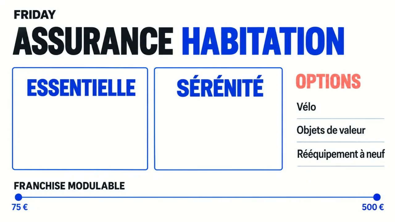 Infographie FRIDAY assurance habitation sur les formules, options et franchises