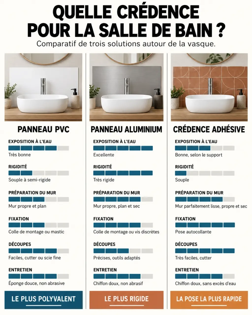 Infographie comparative des solutions de crédence salle de bain en PVC, aluminium et adhésive